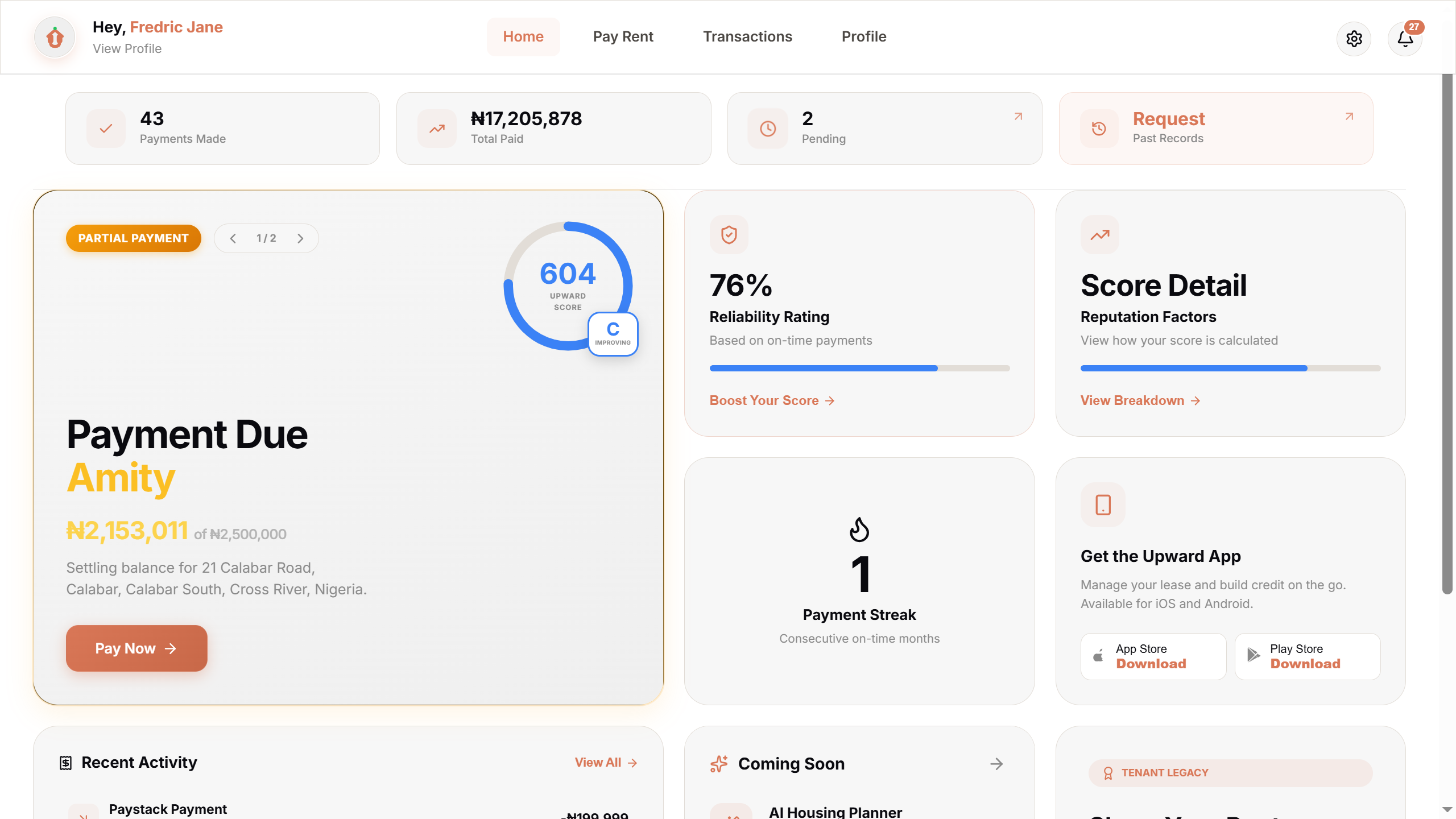 Upward Pay dashboard interface
