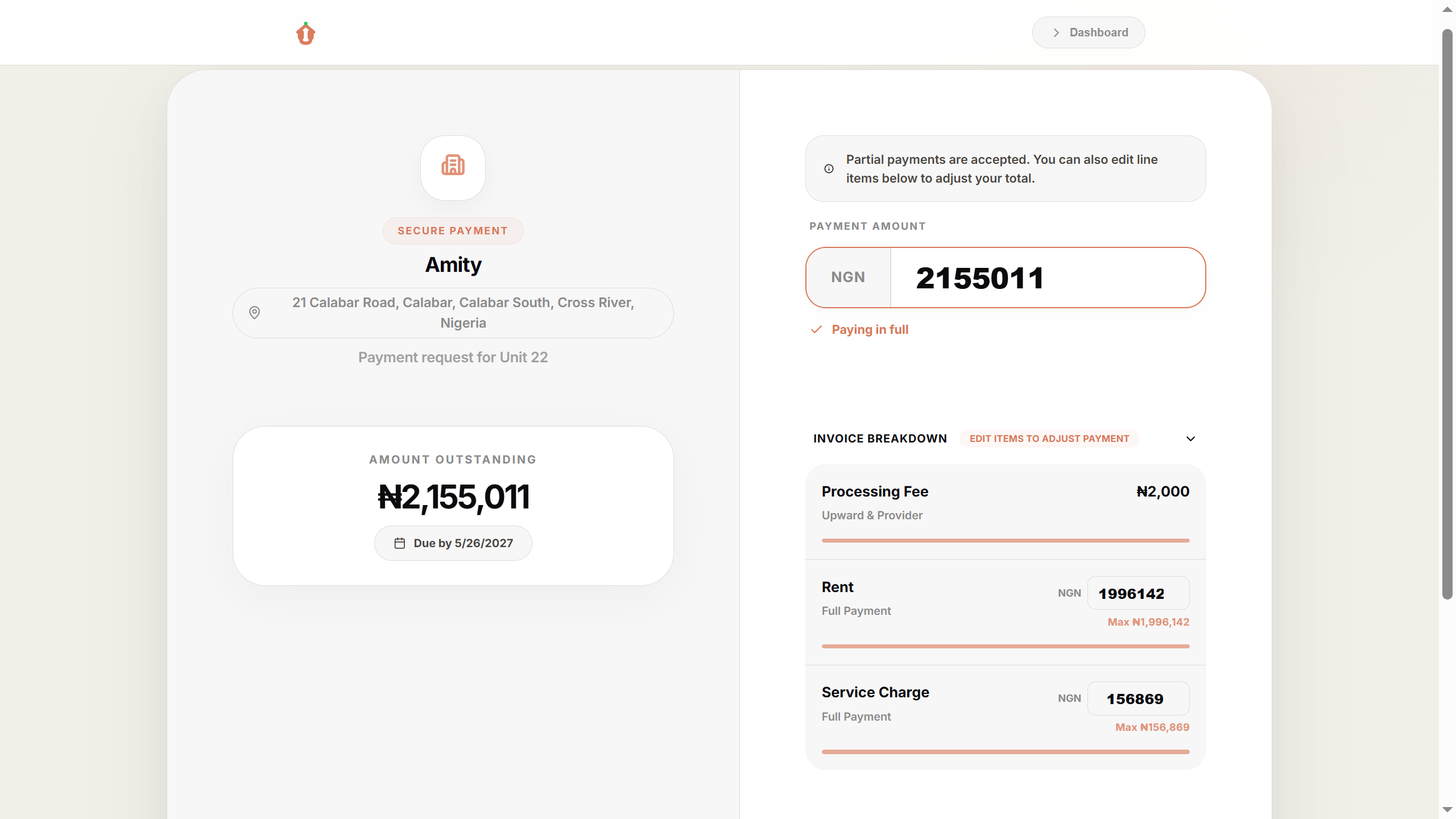 Upward Pay checkout screen